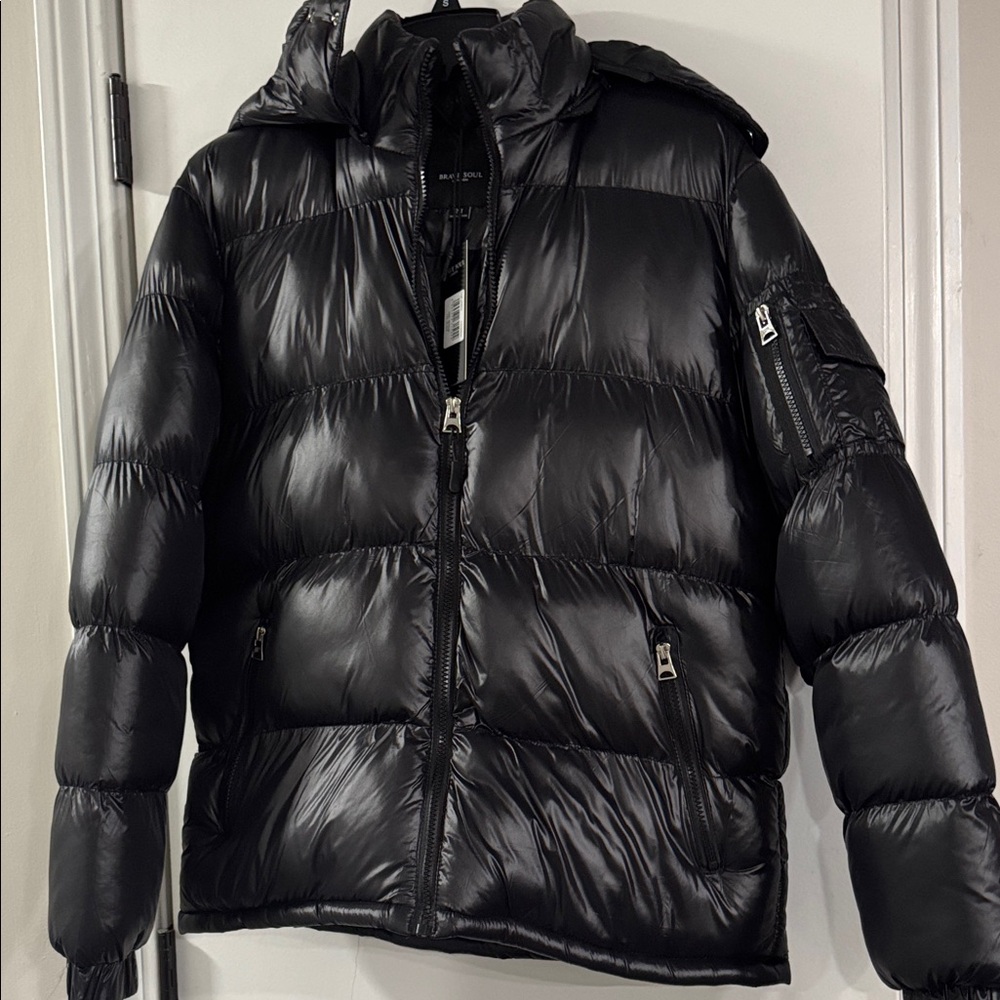 Brave Soul puffer jacket with detachable hood in black